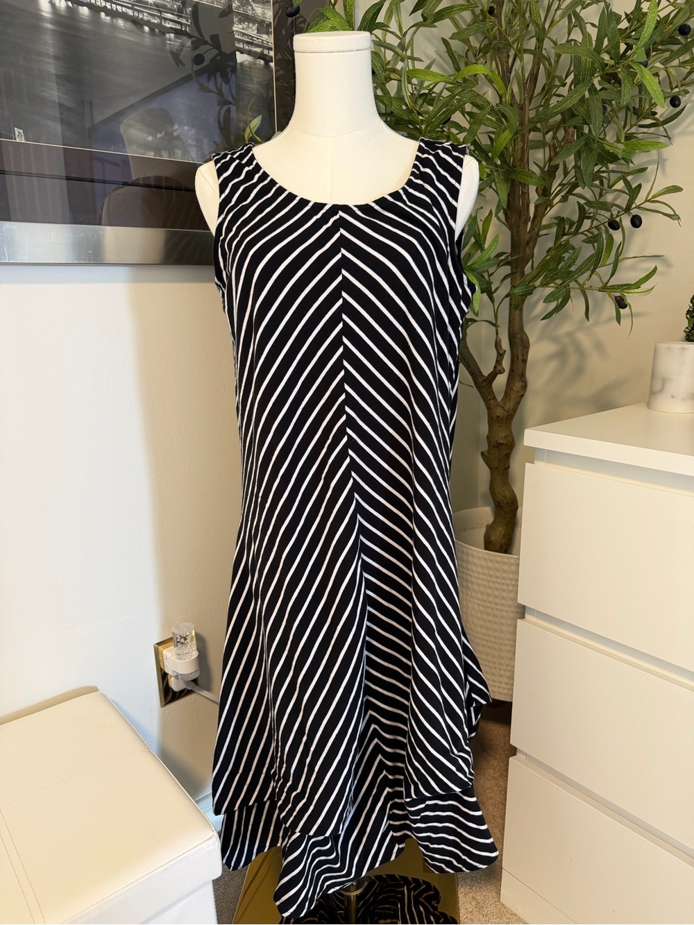 Neon Buddha Black & Cream Striped Swing Dress Asymmetrical Hem Size Small